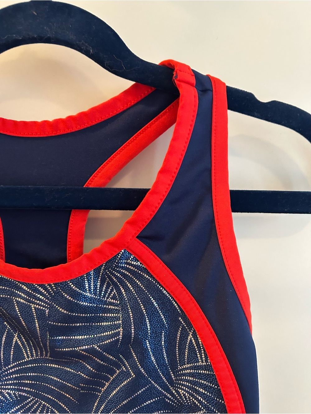 Danskin Navy Dance Leotard with Red Trim and Sparkle detail - Size M (7/8) - Picture 7 of 8
